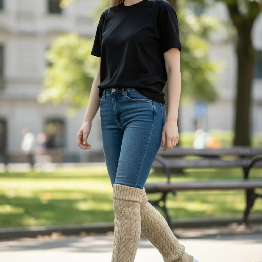 Women’s Apana Studio to Street Khaki Leg Warmers Cable Knit 1 Pair Warm Fit All - Picture 3 of 7